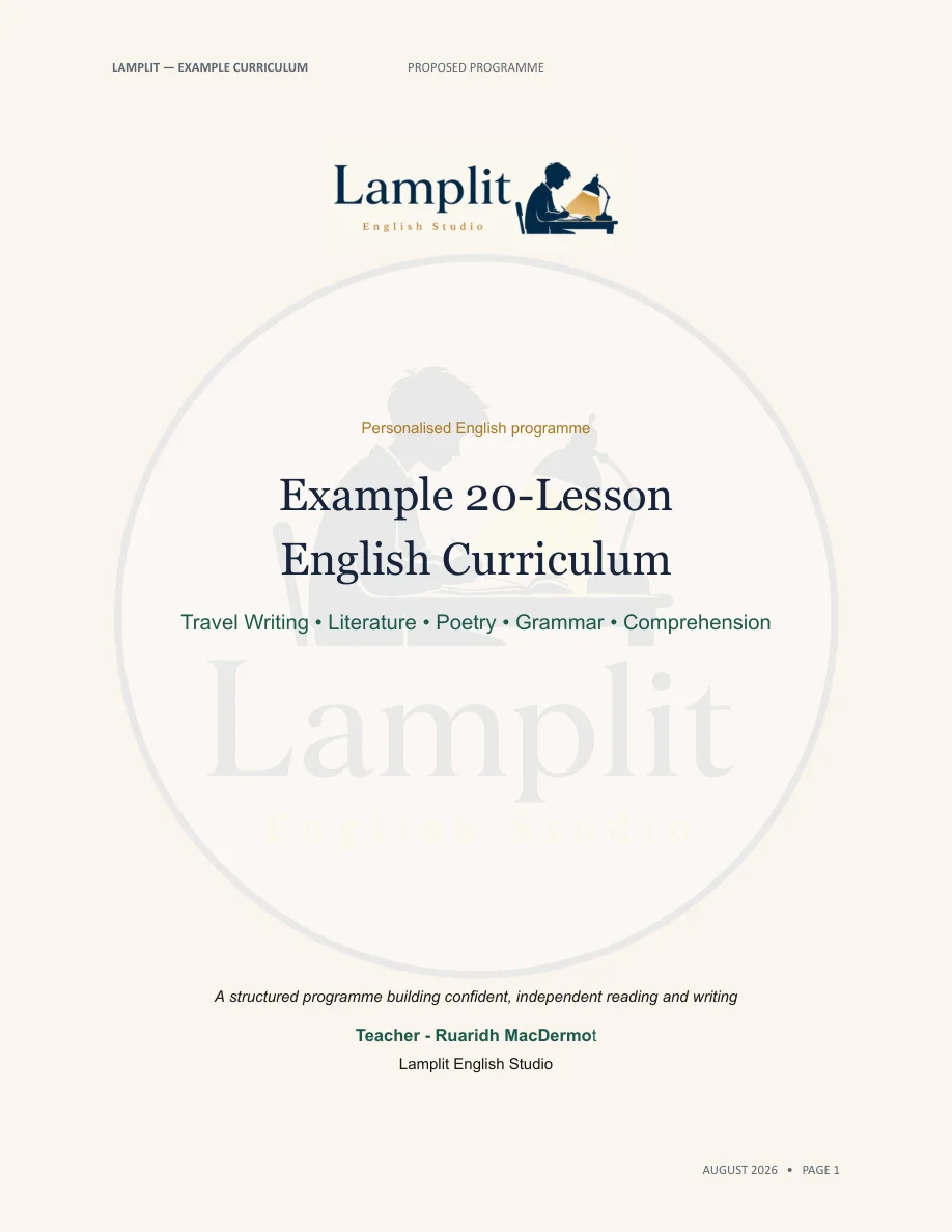 Lamplit example 20-lesson English curriculum cover, with the studio logo on cream paper.