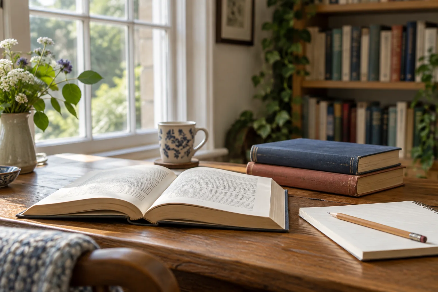 An open book, clothbound books and a notebook on a wooden desk beside a sunlit study window.