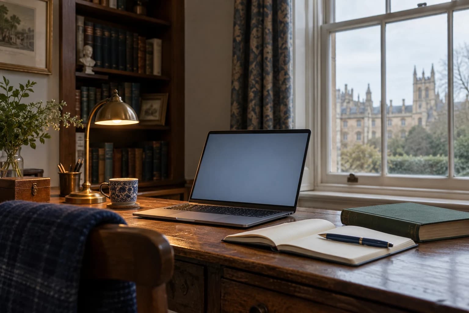 A laptop and open notebook on a wooden desk beside a softly glowing brass lamp.